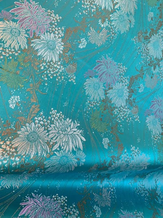 turquoise brocade fabric - Turquoise Daisy Floral - Faux Silk Brocade Jacquard Fabric