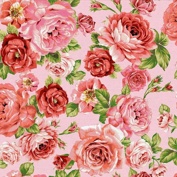 pink cotton fabric - Rose Blooms on Pink - Spring Bouquet - by Ro Gregg for Paintbrush Studio 100% Cotton Fabric
