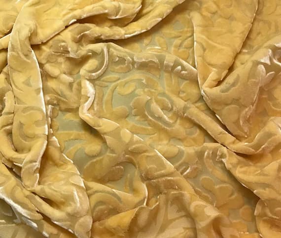 yellow velvet fabric - Golden Yellow Scroll - Hand Dyed Burnout Silk Velvet