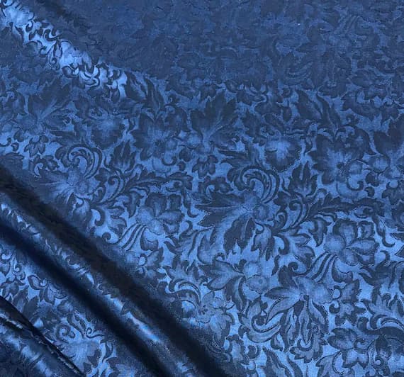 blue silk fabric - Dark Blue Baroque Scroll - Silk Jacquard Fabric