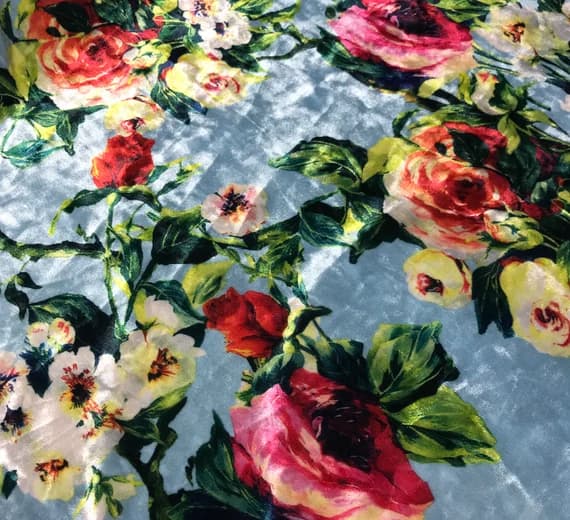 blue velvet fabric - Blue with Roses Floral - Stretch Polyester Velvet Fabric