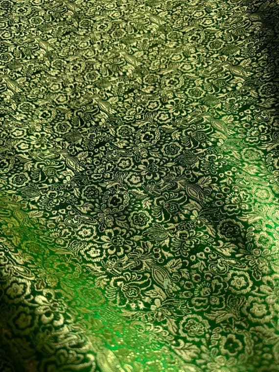 gold brocade fabric - Kelly Green & Gold Small Floral - Faux Silk Brocade Jacquard Fabric