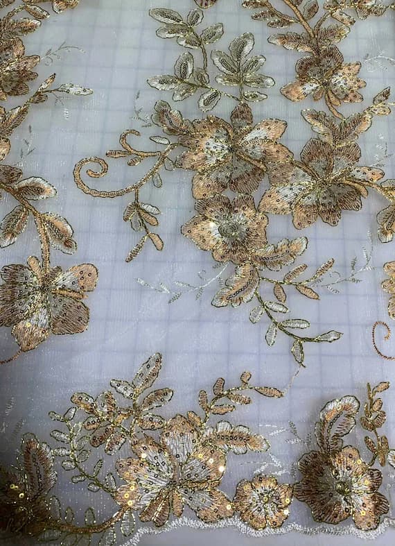 gold lace - Copper & Pale Gold Floral Sequin Embroidered Tulle Lace Fabric