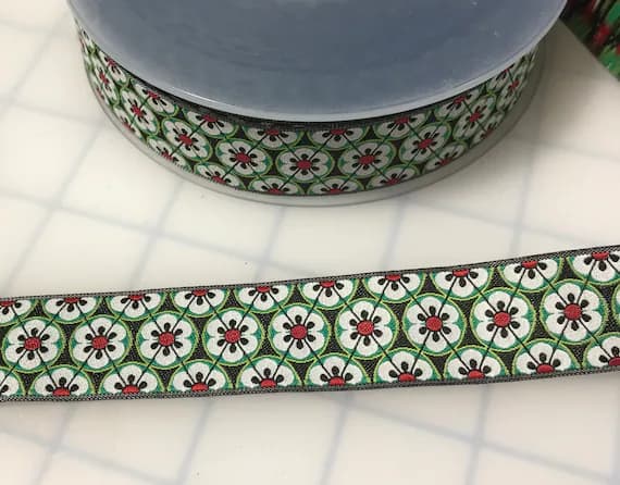 green none - Green Art Deco Floral Jacquard Ribbon Trim 15/16"