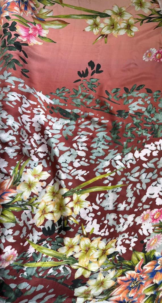 rust twill fabric - Peach to Rust Ombre Floral Border Print 100% Silk Twill Fabric
