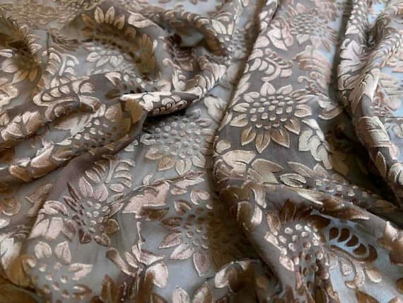 brown charmeuse fabric - Hand Dyed Mahogany Brown Sunflowers - Burnout Devore Satin Fabric