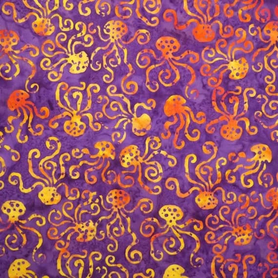 coral cotton fabric - Coral Treasure - Purple Saffron Octopus - Batik by Mirah Cotton Fabric
